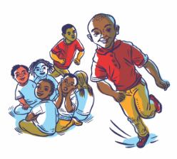 Illustration shows young boy running and playing among a group of friends