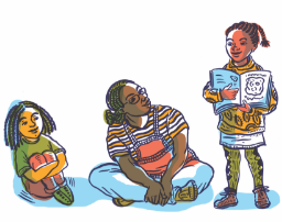Illustration showing an adult therapy leader encouraging and listening to a child read to the group